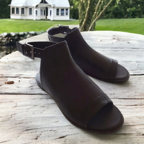 $248 Eileen Fisher Mug Open Toe Shoes 7 1/2 Black Leather 7.5 Ankle Strap NIB